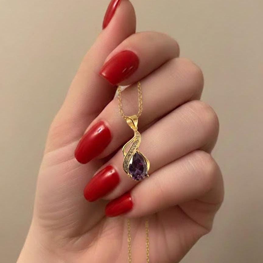 February Birthstone Necklace – Gold Vermeil Amethyst Teardrop Pendant