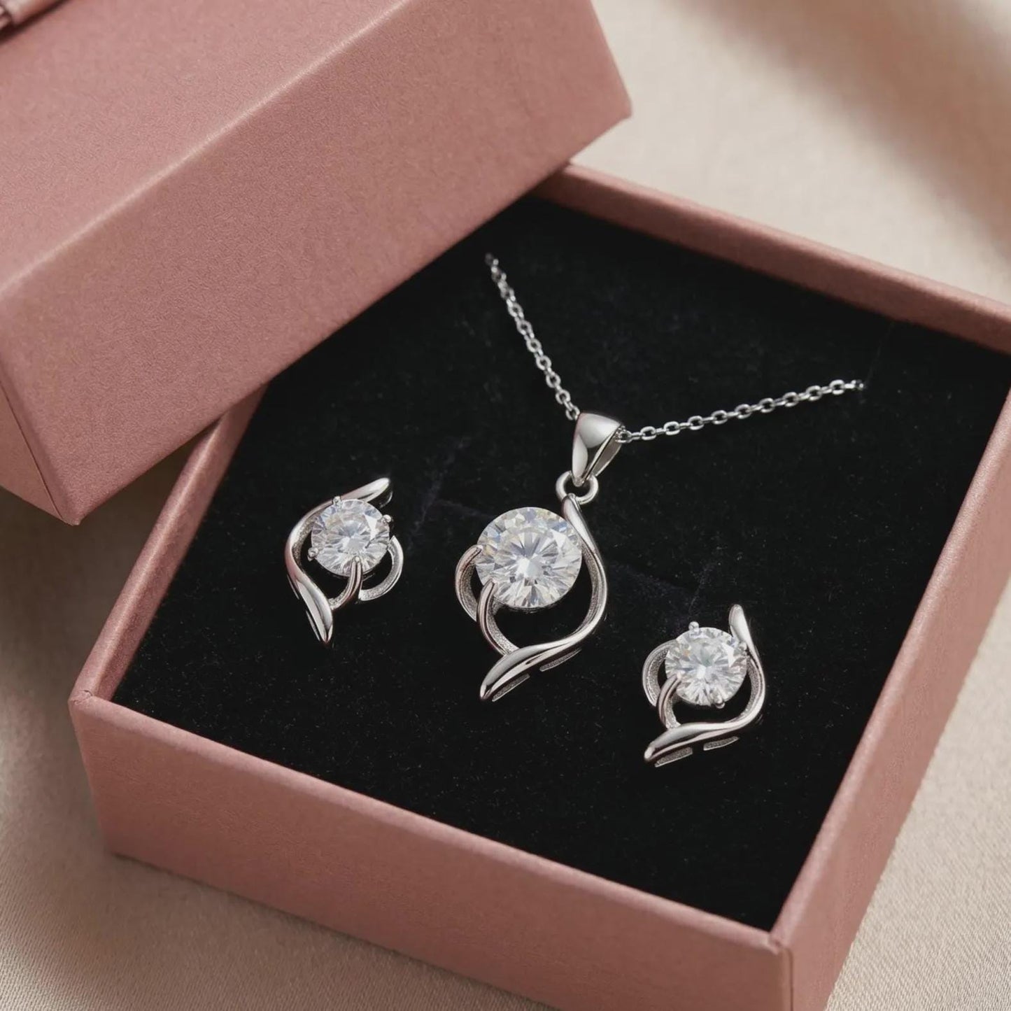 Dainty Floral Necklace Set in Sterling Silver - April Birthstone -Gift For Her