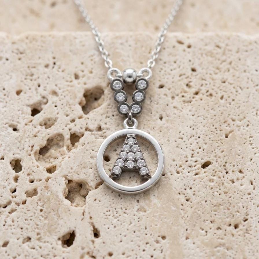 Sterling Silver Initial Necklace: Personalized Zircon Letter Pendant