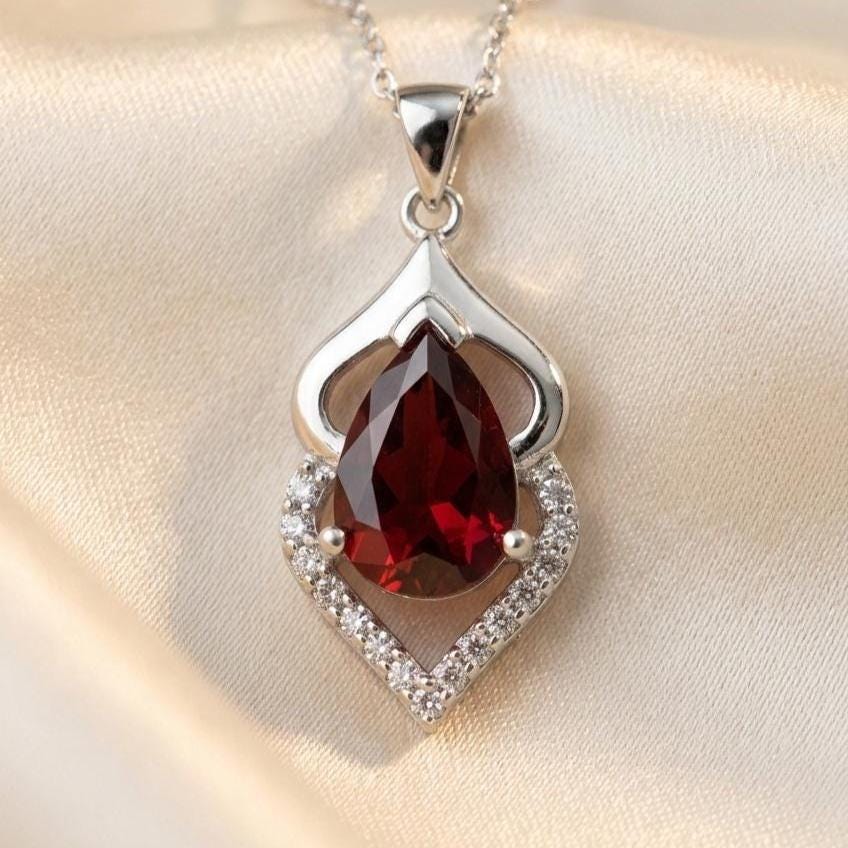 Pear Cut Ruby Pendant Necklace in Sterling Silver -July Birthstone -