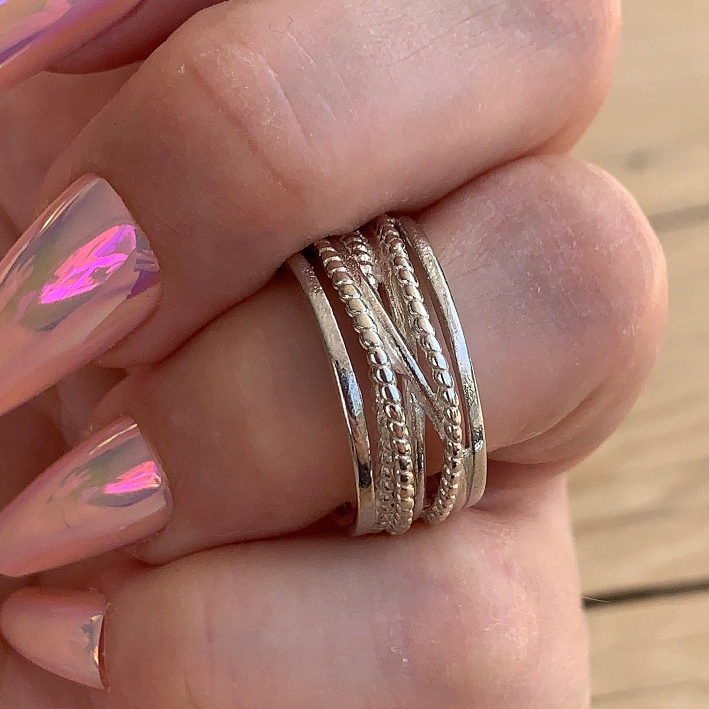 Boho Chunky Sterling Silver Ring: Adjustable Band, Upcycled