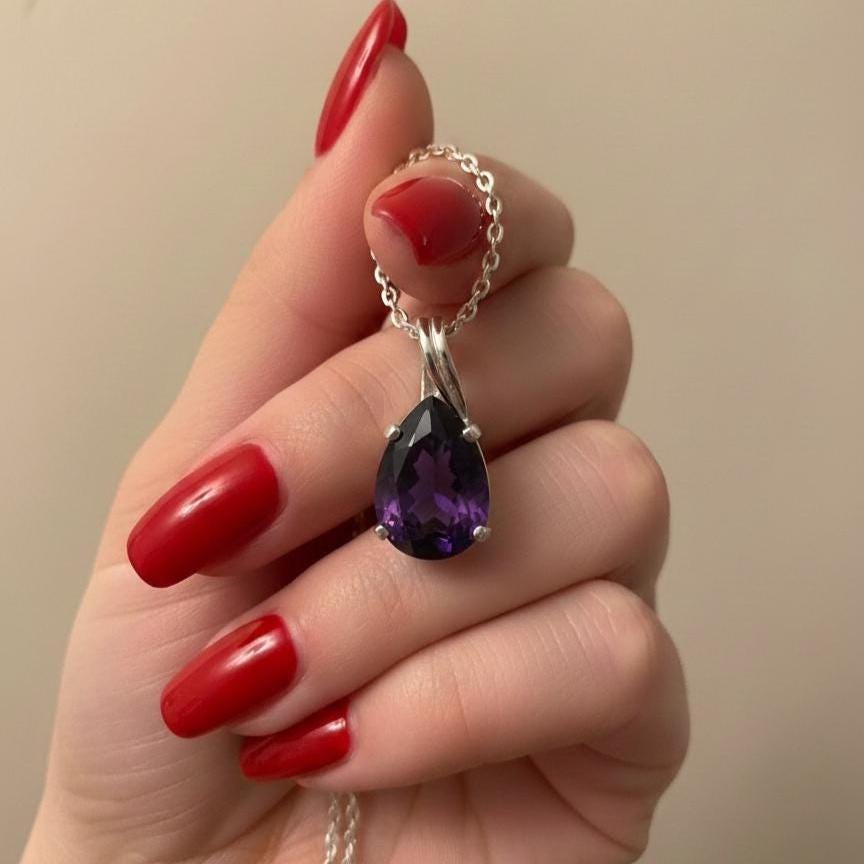 Dainty Amethyst Teardrop Necklace - February Birthstone Pendant