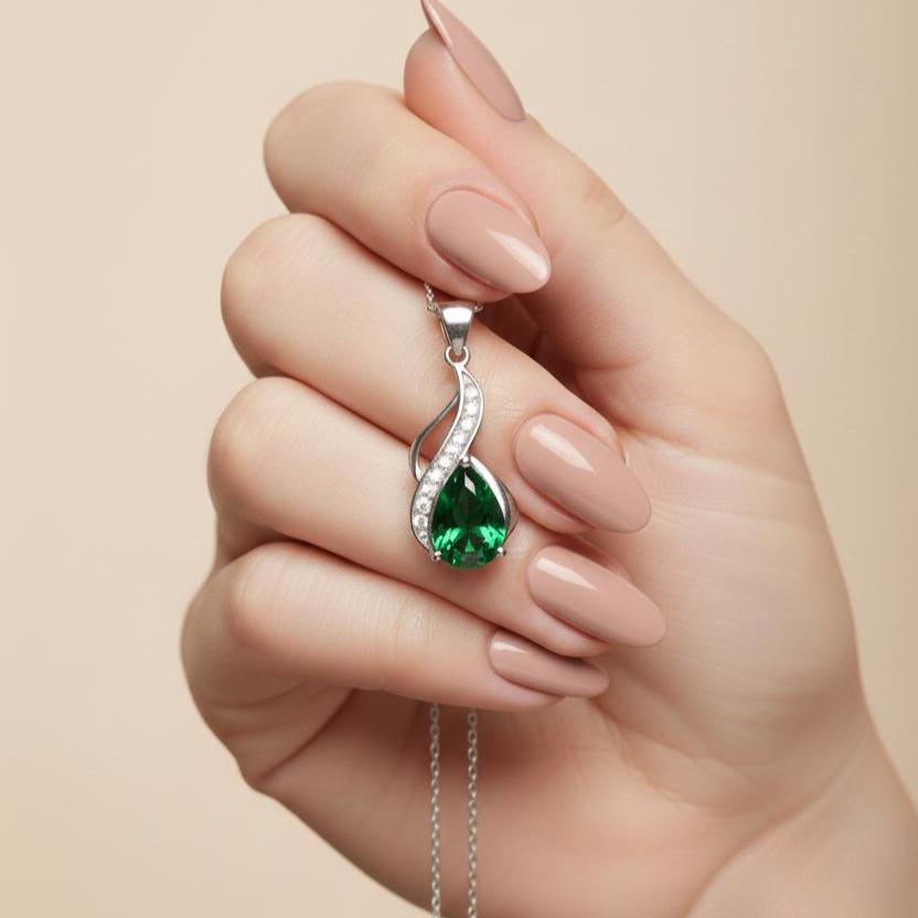Emerald Teardrop Necklace – Sterling Silver May Birthstone Pendant -