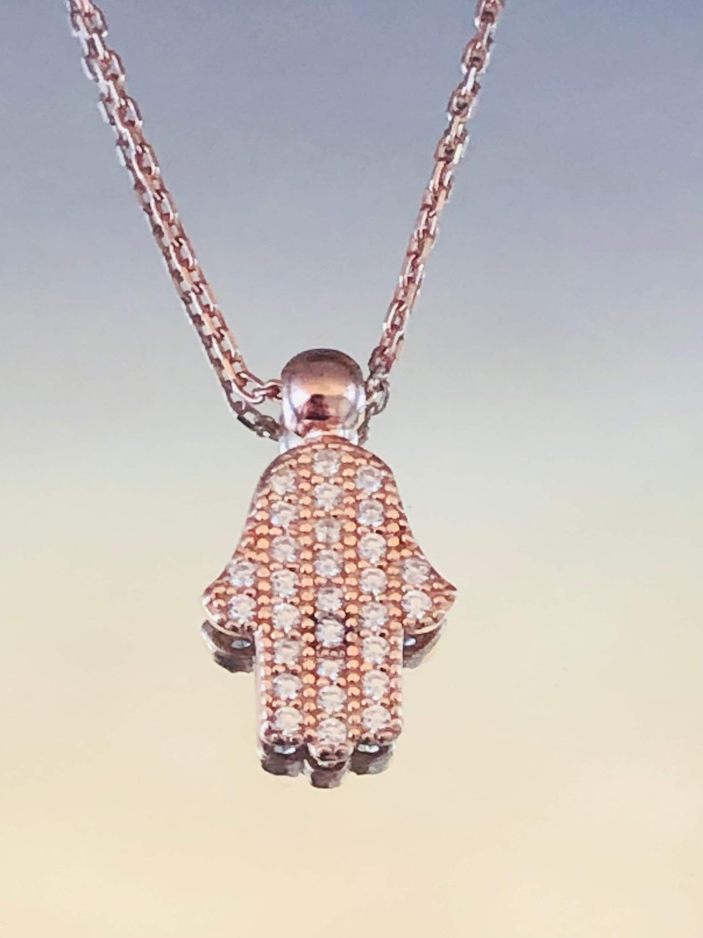 Rose Gold Hamsa Necklace - Sterling Silver Hand of Fatima with Zircon Pendant