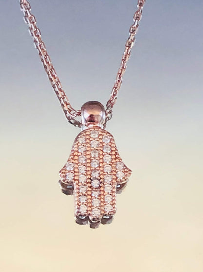 Rose Gold Hamsa Necklace - Sterling Silver Hand of Fatima with Zircon Pendant