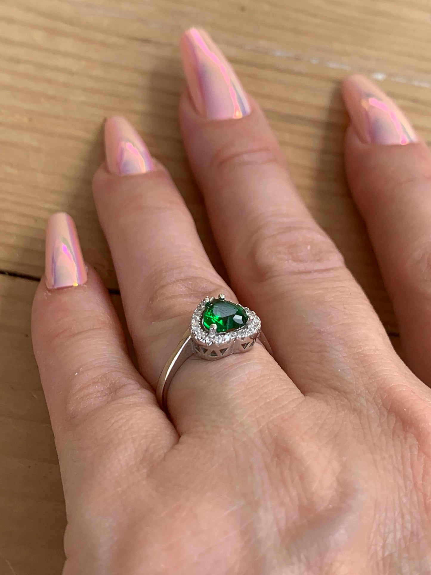 Vintage Heart Emerald Ring – Sterling Silver Diamond Engagement