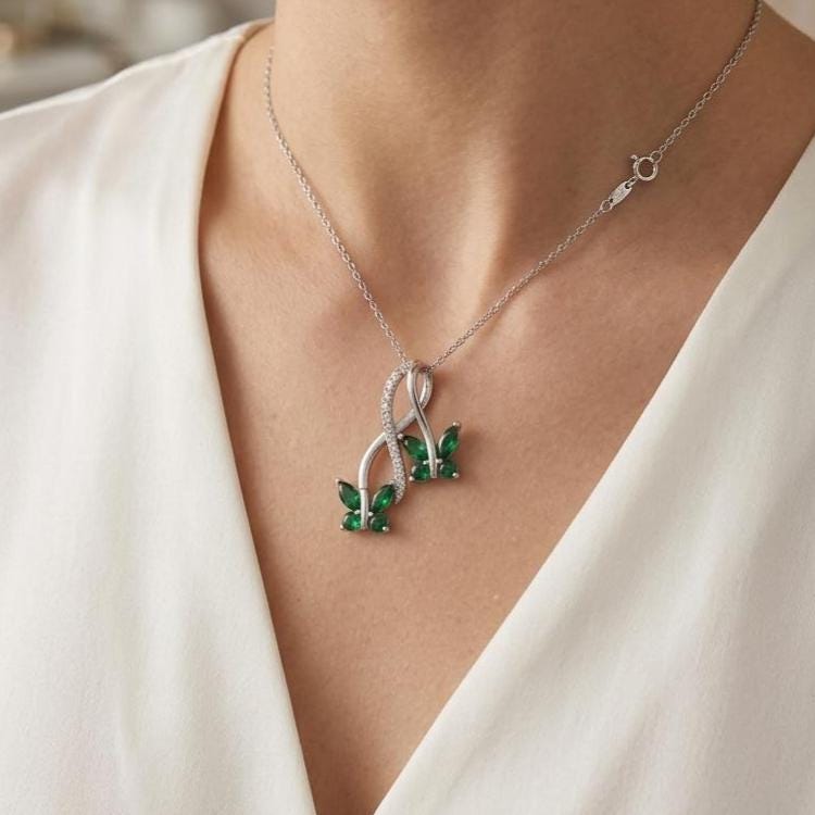 Dainty Emerald Butterfly Necklace in Sterling Silver – Infinity Pendant Necklace - - Gift for Her