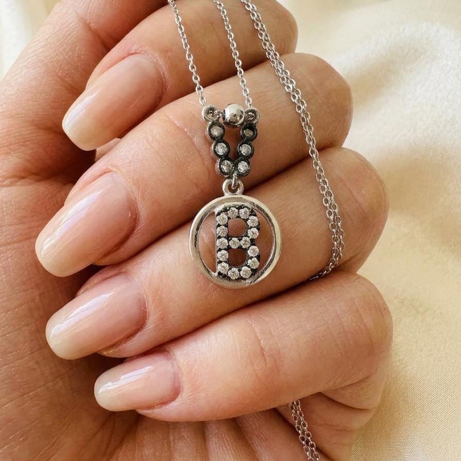 Sterling Silver Custom Initial B Necklace - Name Necklace with Zircon Letters