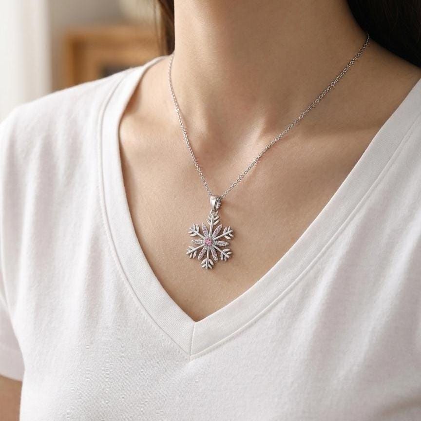 Sterling Silver Snowflake Necklace- Zircon Winter Pendant