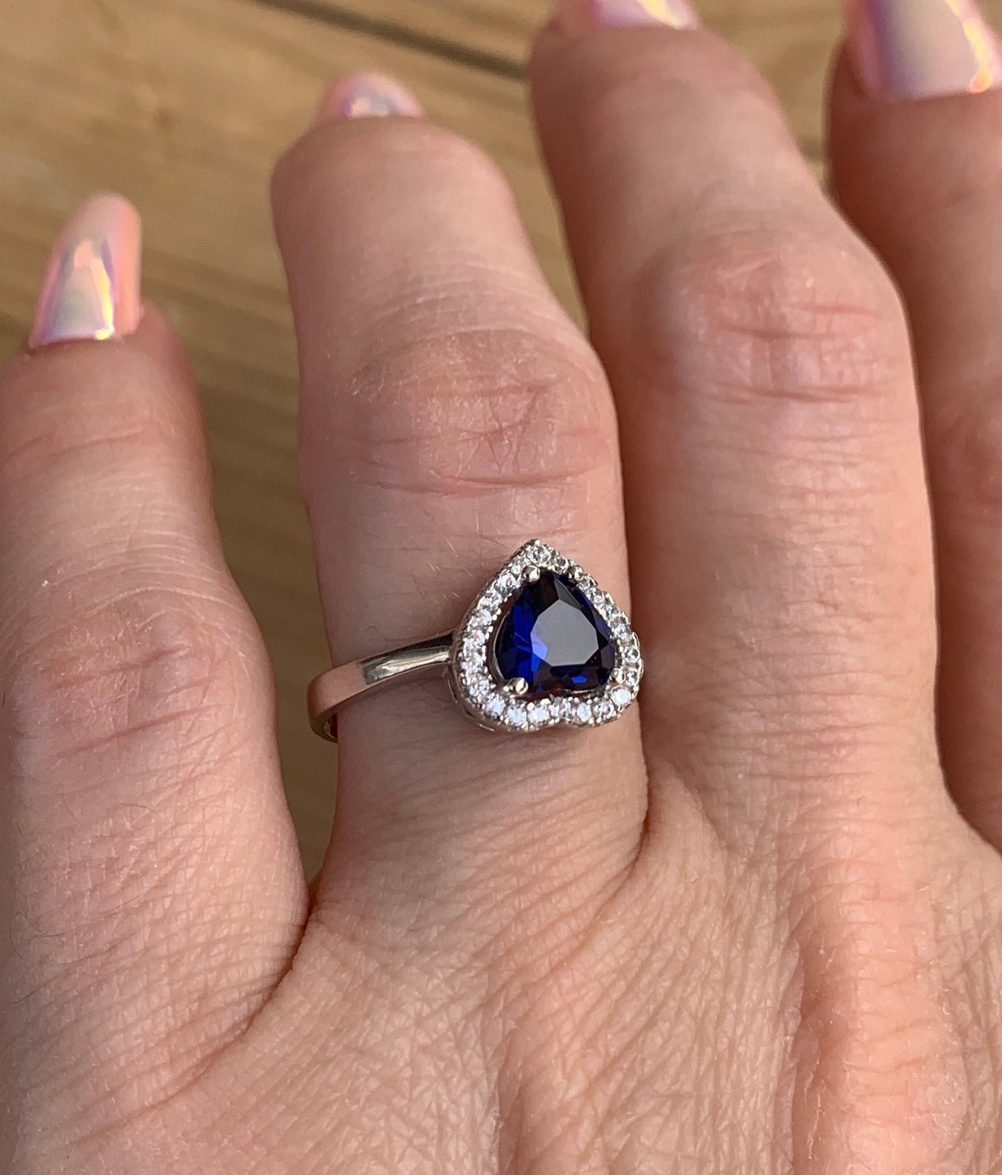 Sterling Silver Adjustable Sapphire Heart Ring -