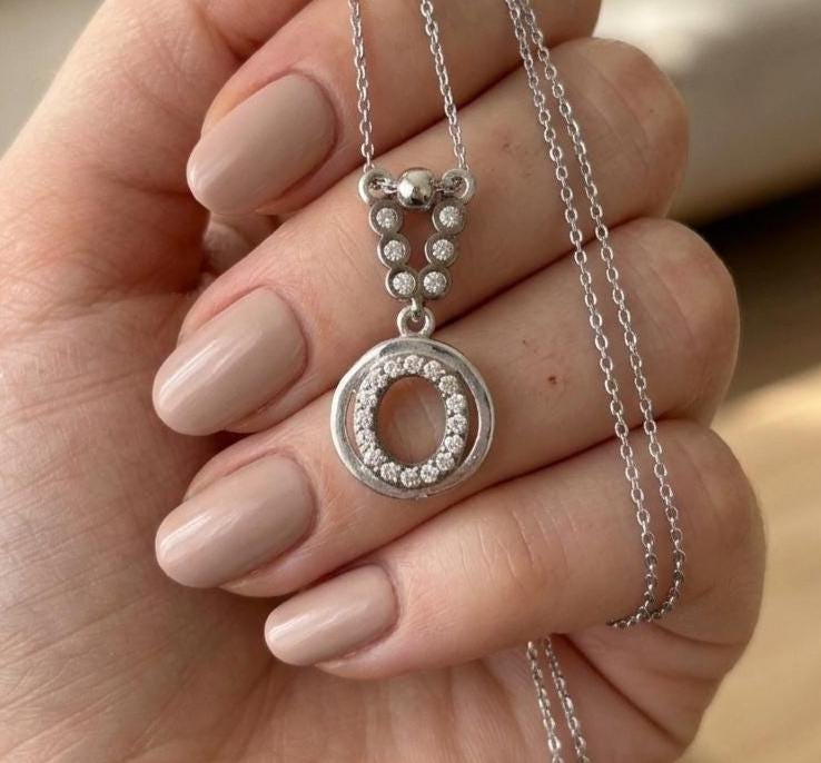 Custom O Initial Necklace in Sterling Silver - Sparkling Zircon Letter Jewelry