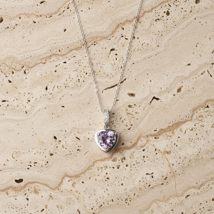Amethyst Heart Necklace - Sterling Silver Minimalist February Birthstone Jewelry