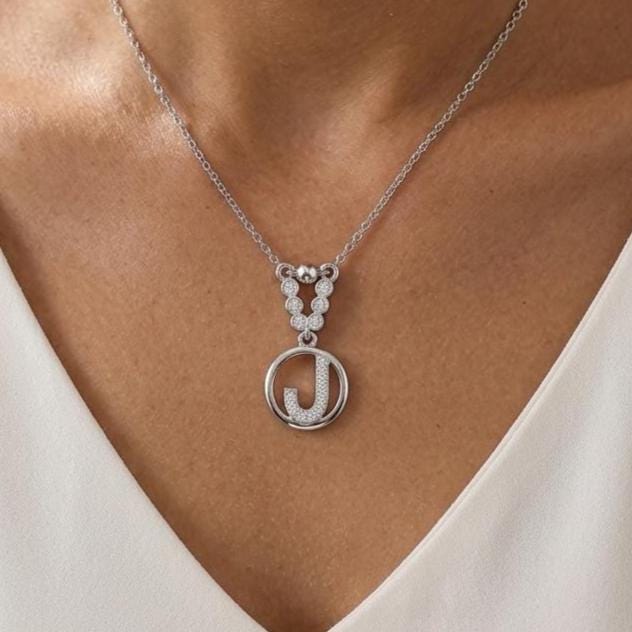 Custom Sterling Silver J Initial Necklace with Zircon Accent -Elegant Personalized Jewelry-