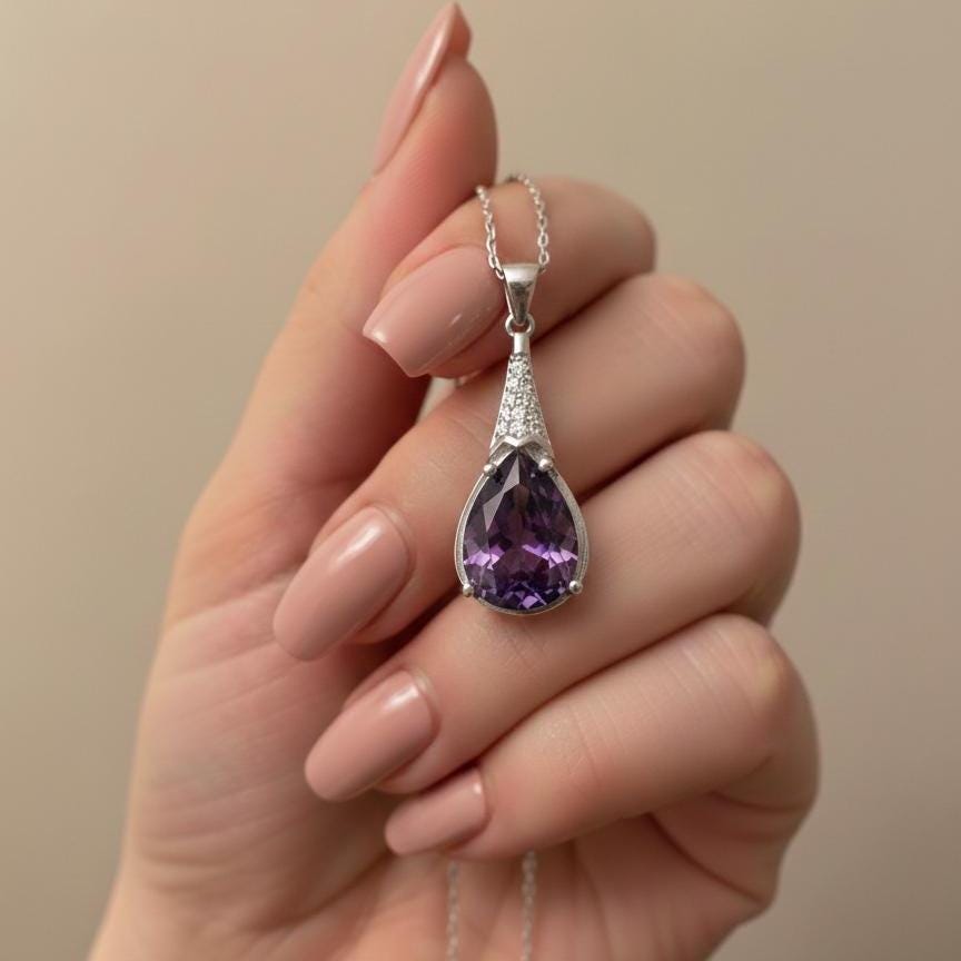 Chunky Amethyst Gemstone Necklace in Sterling Silver- February Birthstone Jewelry