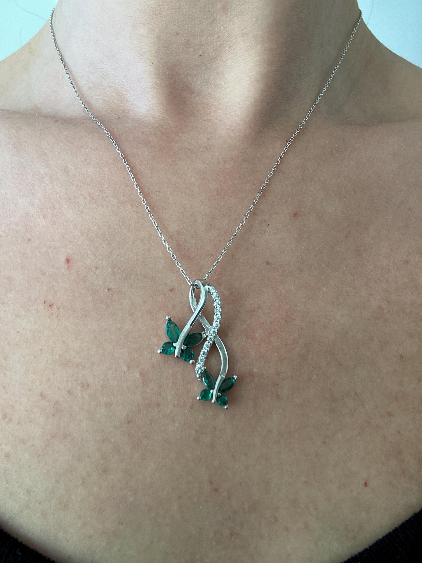 Dainty Emerald Butterfly Necklace in Sterling Silver – Infinity Pendant Necklace - - Gift for Her