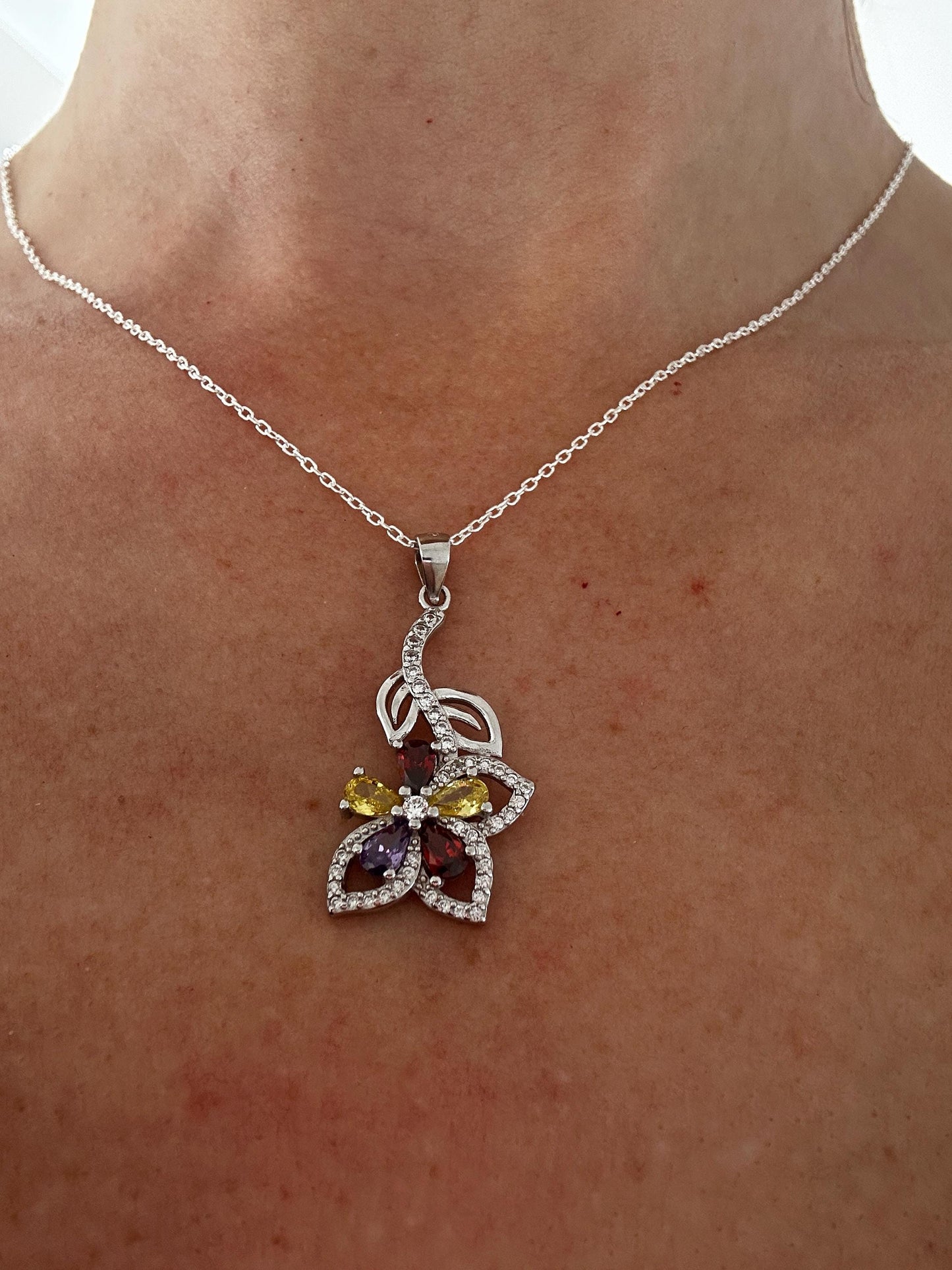 Sterling Silver Flower Necklace with Citrine, Garnet & Sapphire Birthstones -