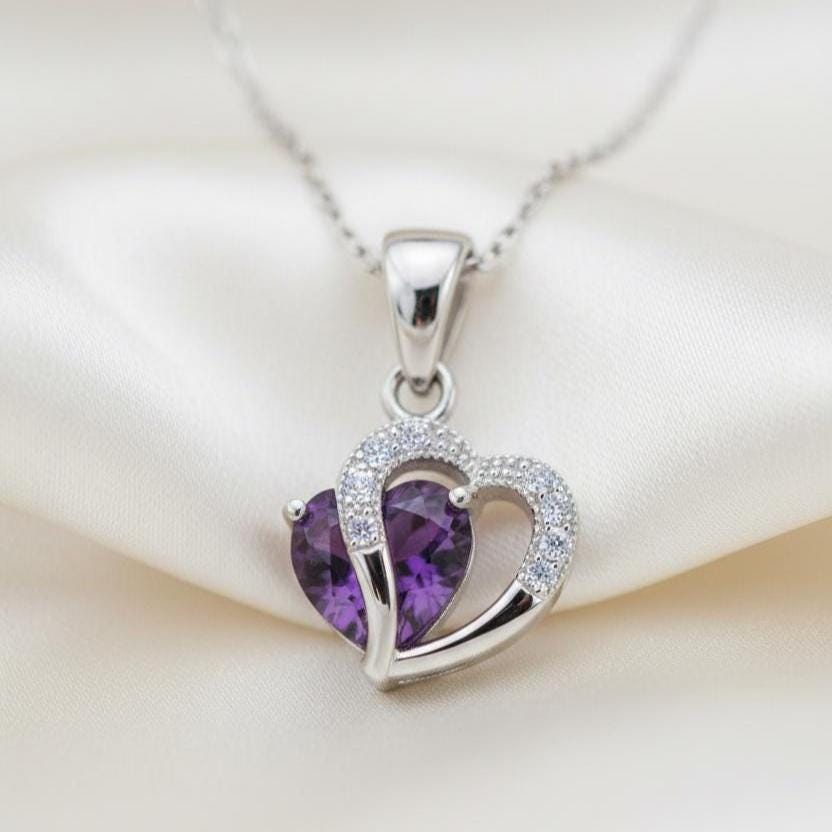 Amethyst Heart Necklace - Sterling Silver February Birthstone Pendant