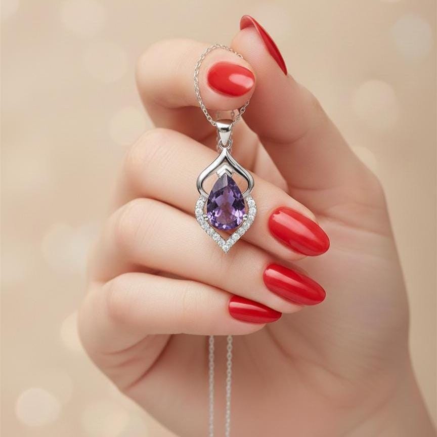 Pear Cut Amethyst Pendant Necklace in Sterling Silver - February Birthstone -