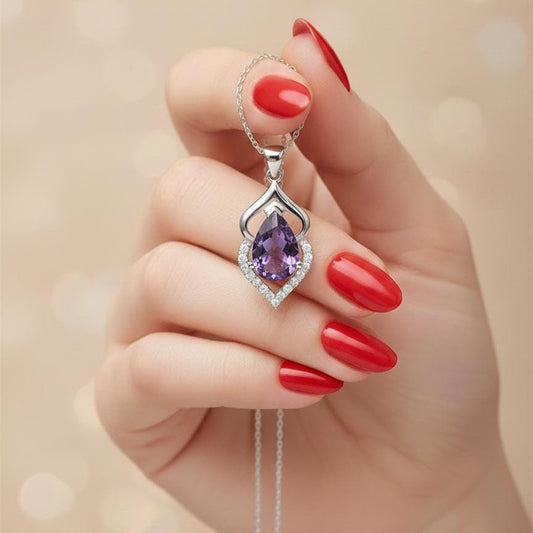 Pear Cut Amethyst Pendant Necklace in Sterling Silver - February Birthstone -
