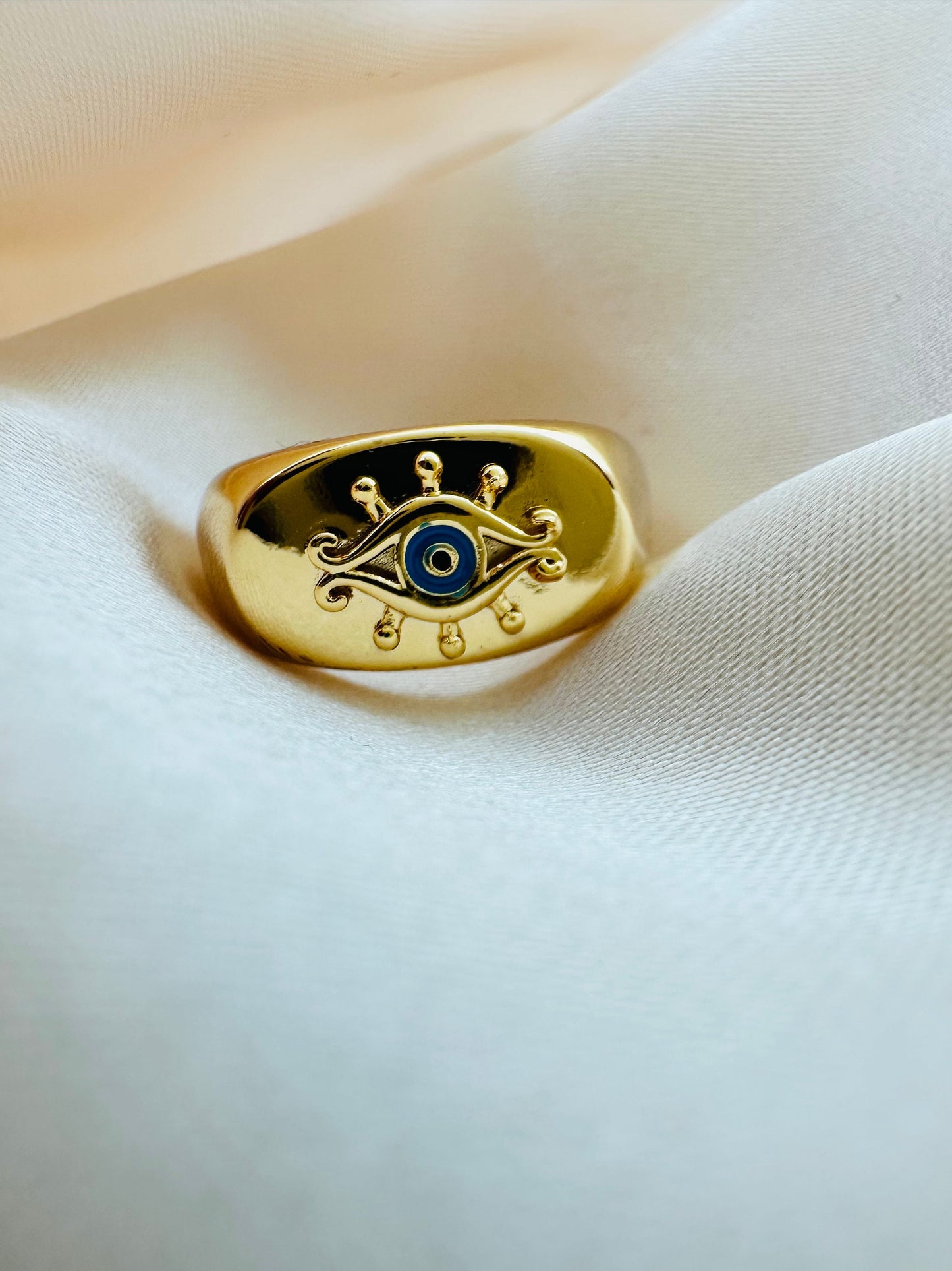 Gold Evil Eye Dome Ring - Adjustable Brass Ring