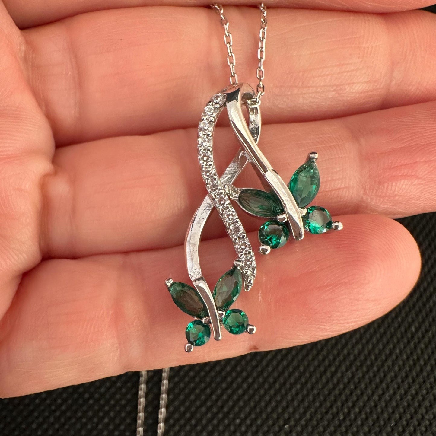 Emerald Butterfly Pendant Necklace - Eco-Friendly Sterling Silver Jewelry