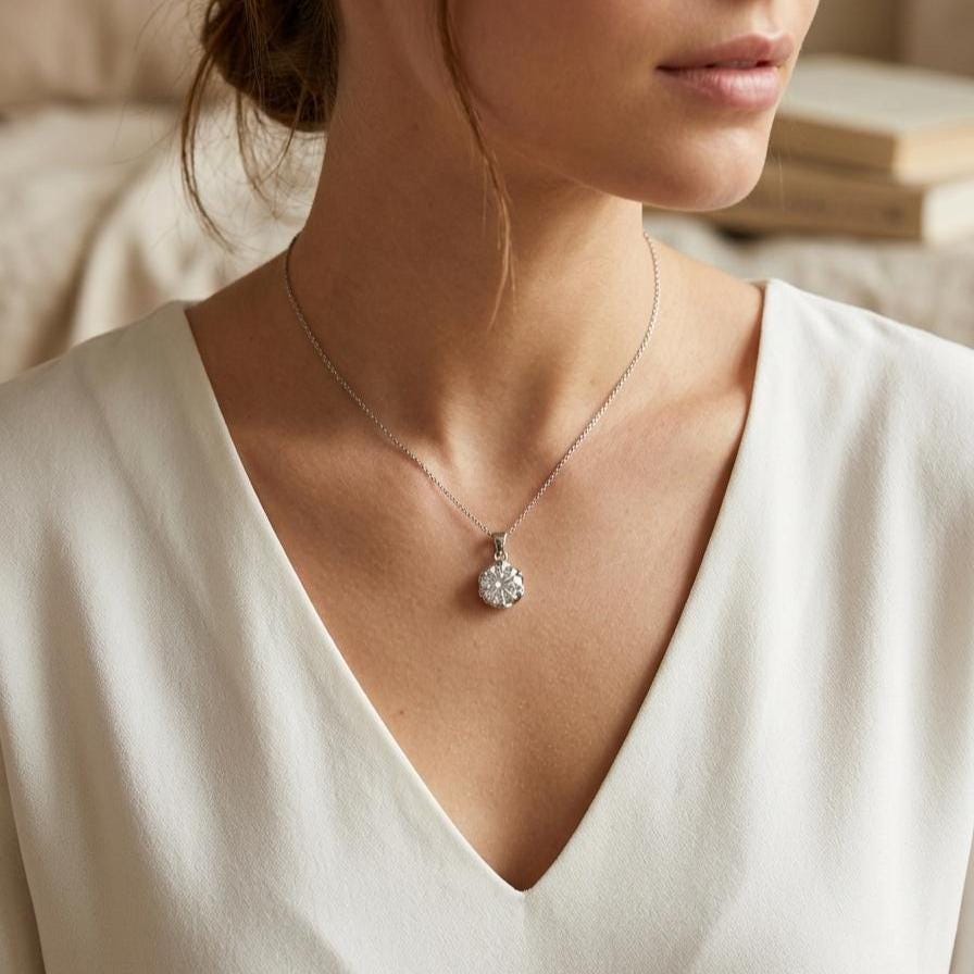 CZ Floral Pendant Necklace - Sterling Silver April Birthstone