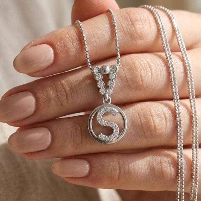 Custom Sterling Silver S Initial Necklace | Zircon Letter Pendant