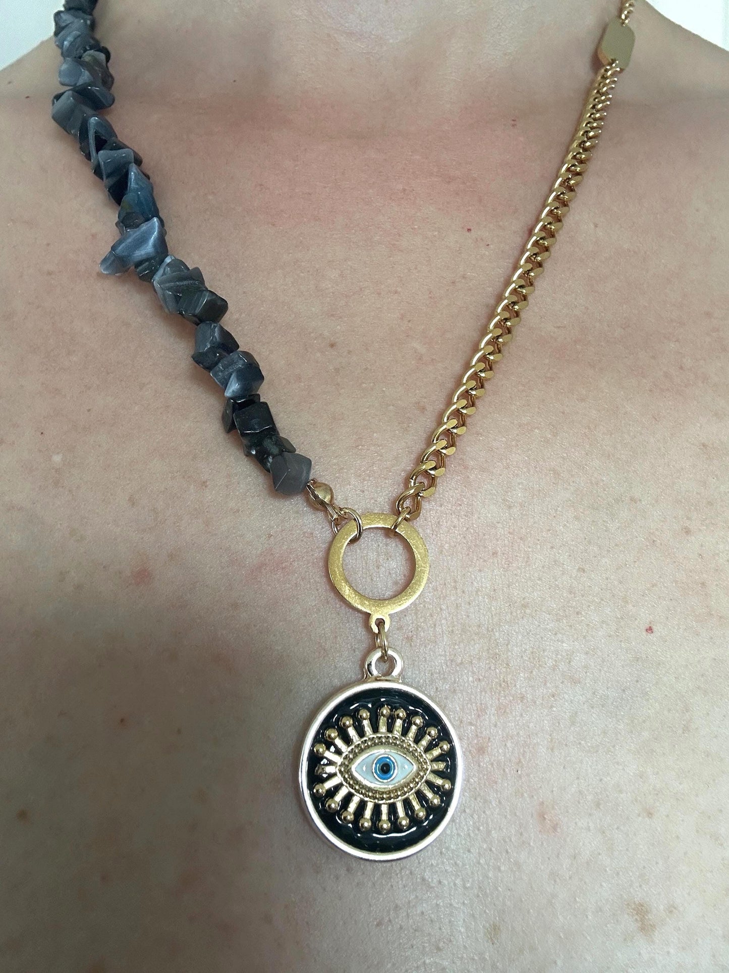 Evil Eye Pearl Necklace: Gold Brass Pendant