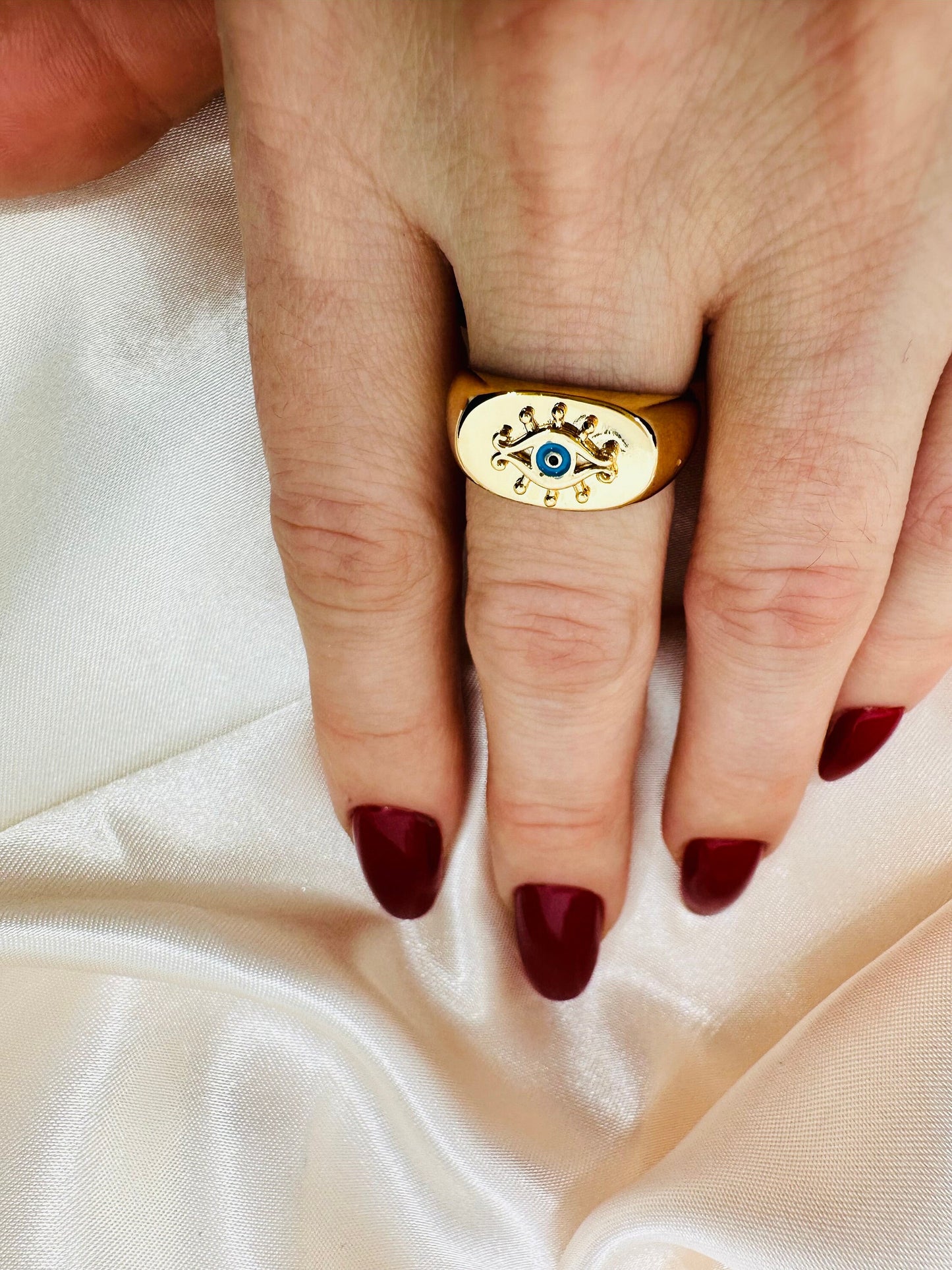 Gold Evil Eye Dome Ring - Adjustable Brass Ring