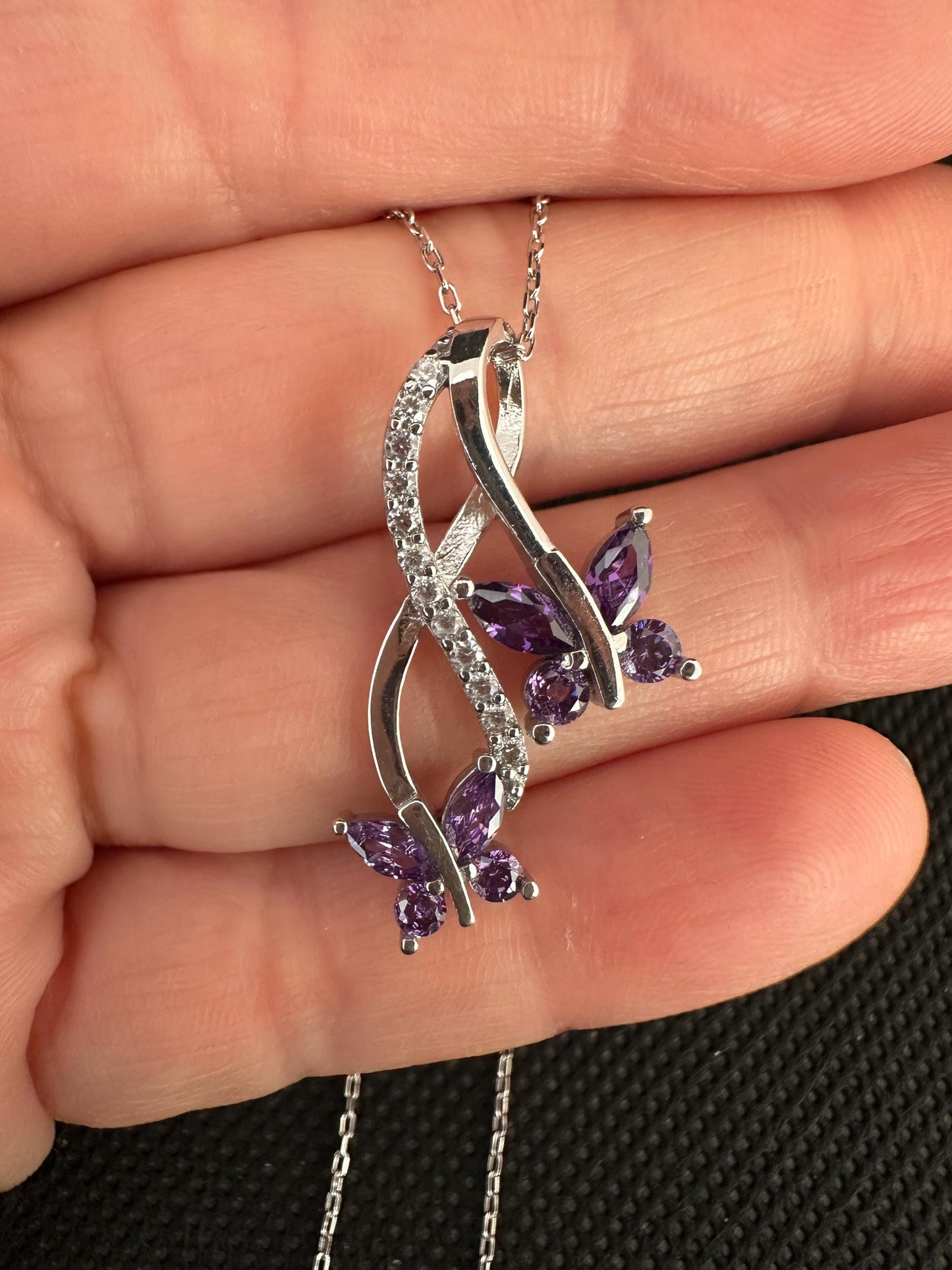 Infinity Amethyst Necklace with Butterfly Charm - February Birthstone Pendant -