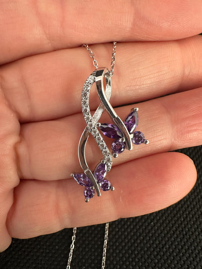 Infinity Amethyst Necklace with Butterfly Charm - February Birthstone Pendant -