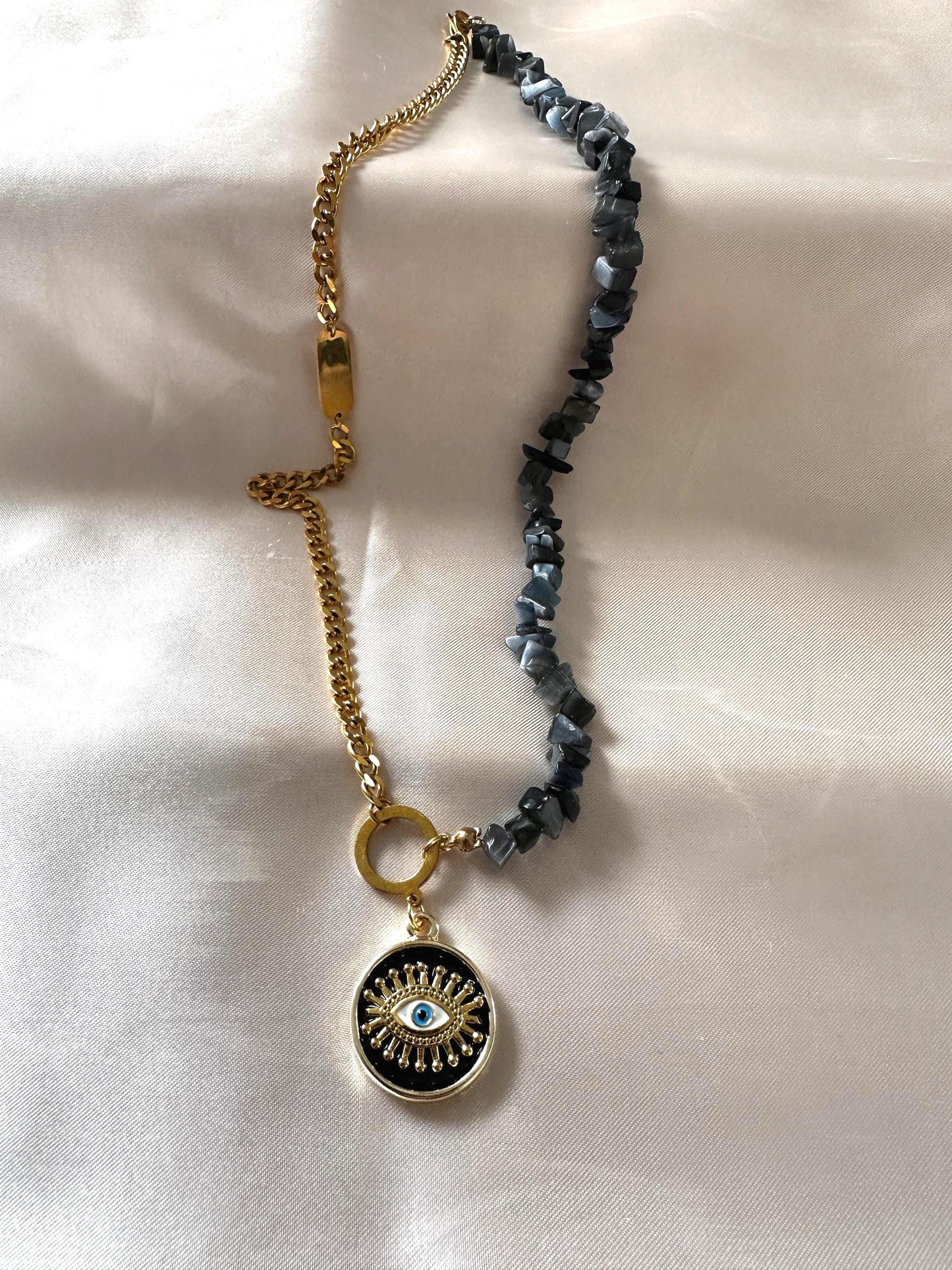 Evil Eye Pearl Necklace: Gold Brass Pendant