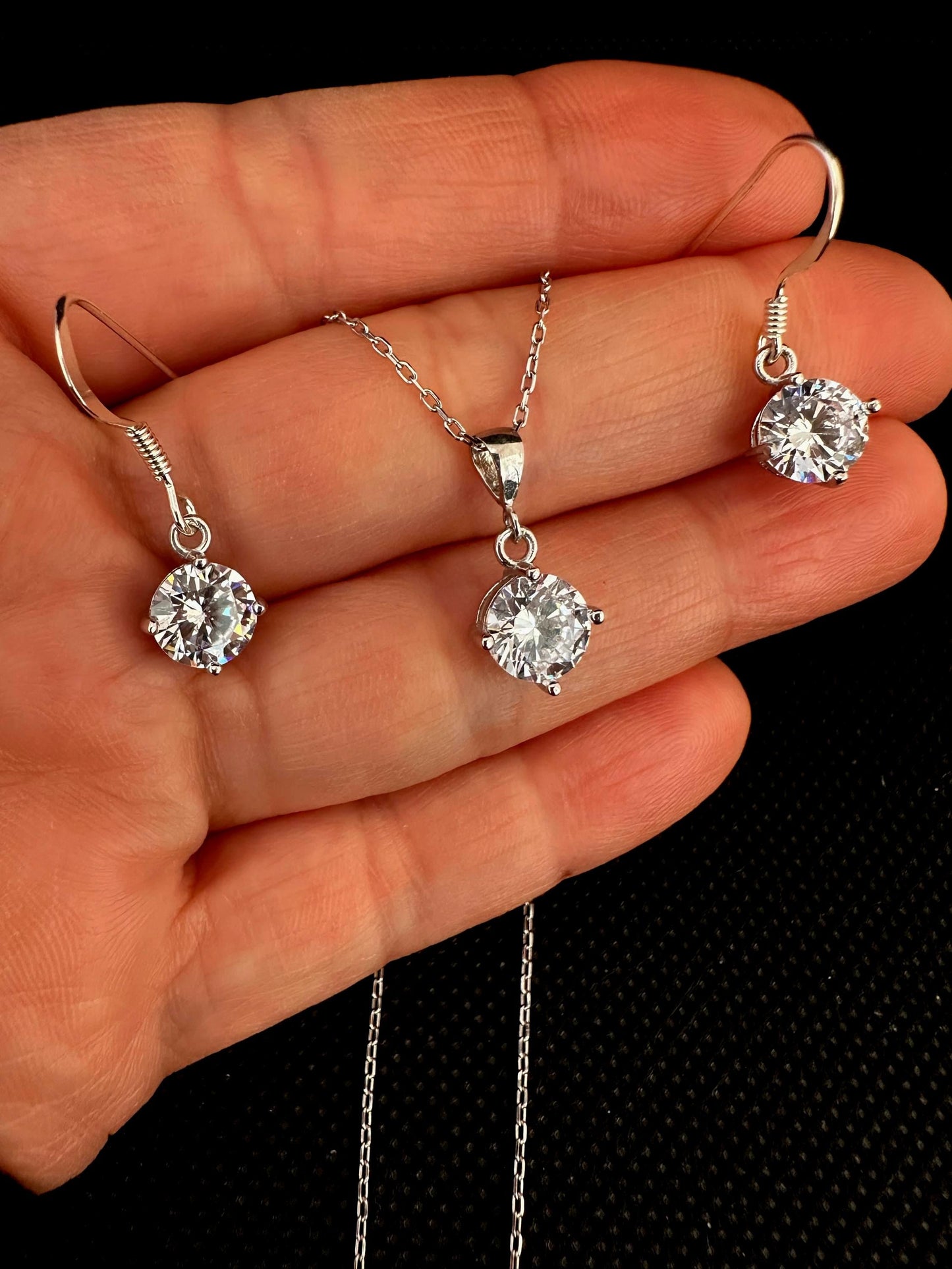 Cubic Zirconia Solitaire Necklace with Matching Sterling Silver Earrings Set