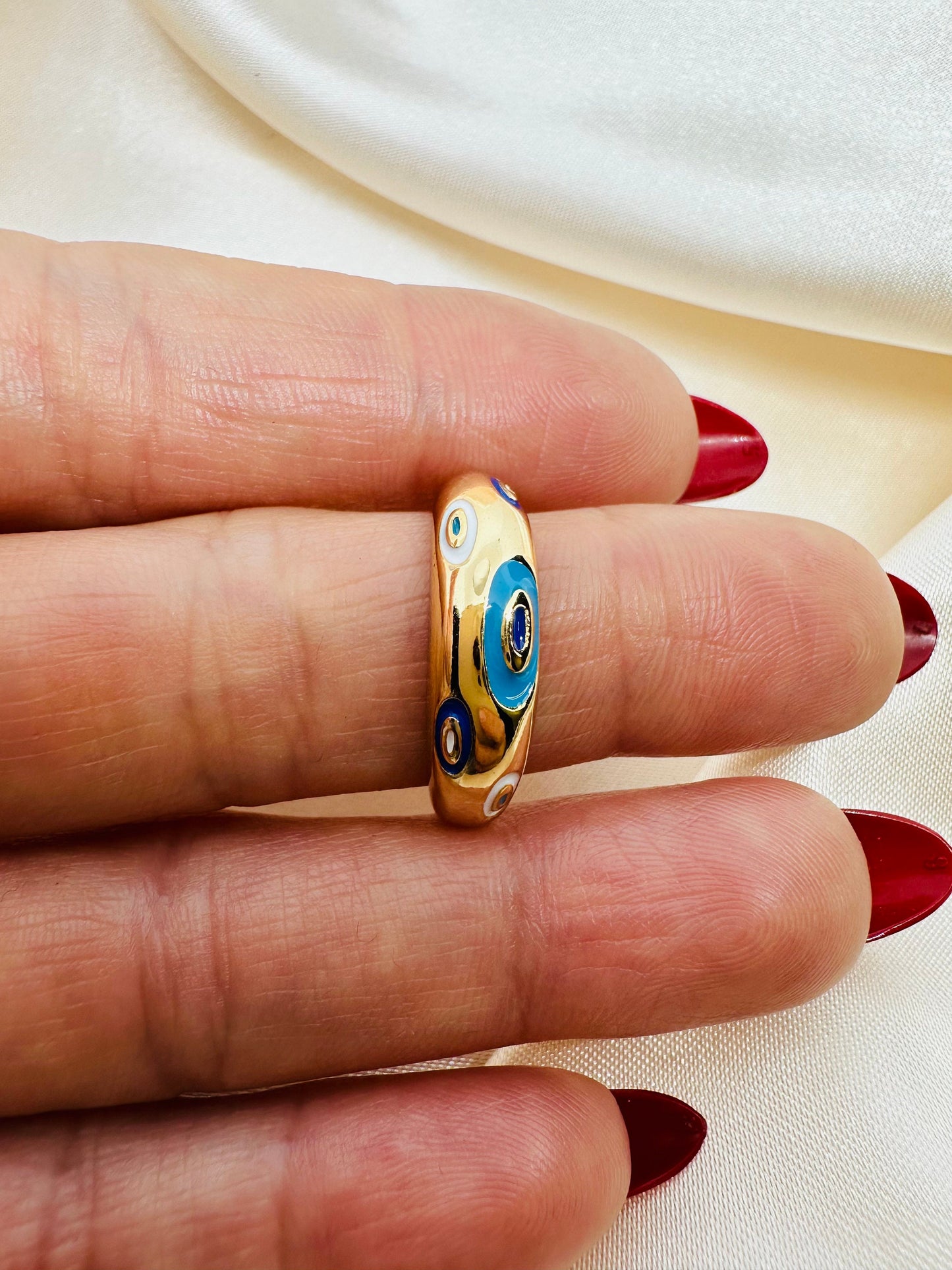 Gold Evil Eye Dome Ring - Adjustable Brass Ring