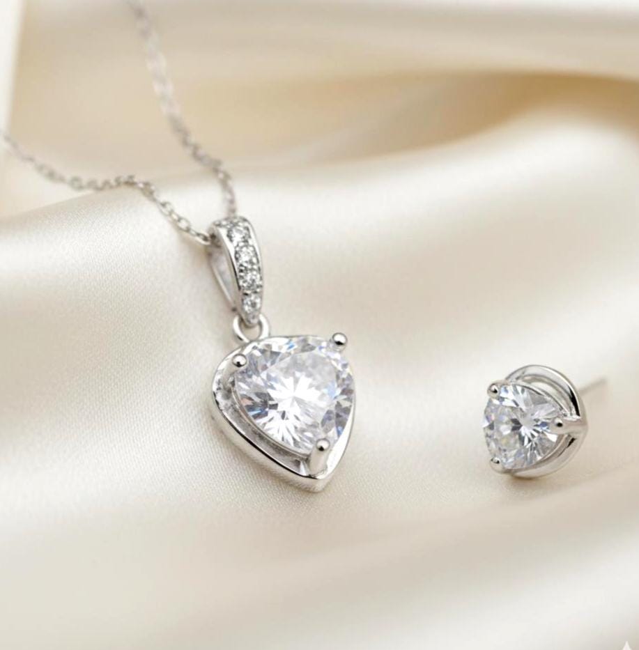 Minimalist Sterling Silver Heart Necklace & Earrings Set -