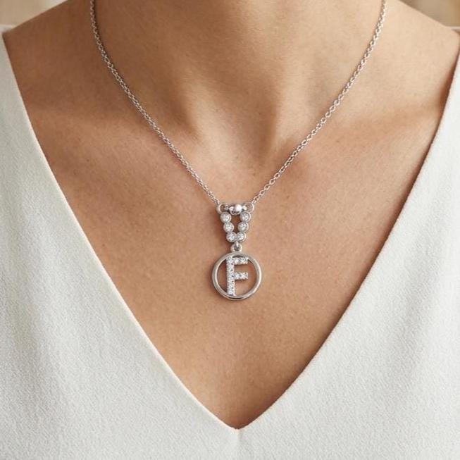 Custom Sterling Silver F Initial Necklace with Zircon Letter Charm