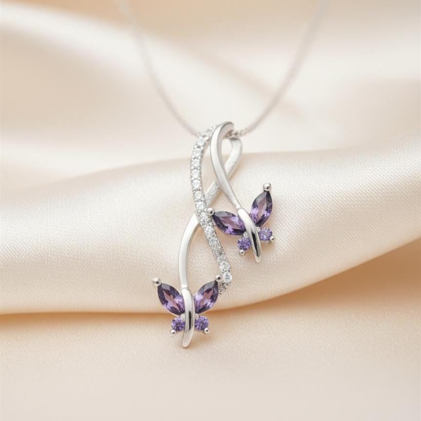 Infinity Amethyst Necklace with Butterfly Charm - February Birthstone Pendant -