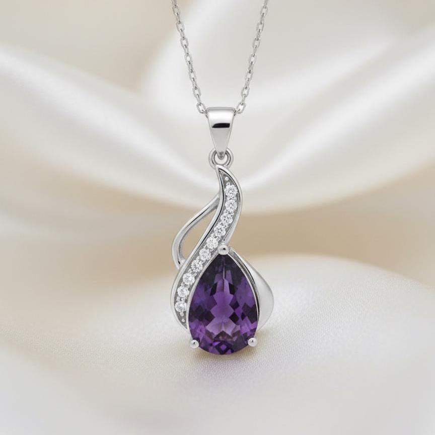 Amethyst Teardrop Necklace – February Birthstone in Sterling Silver