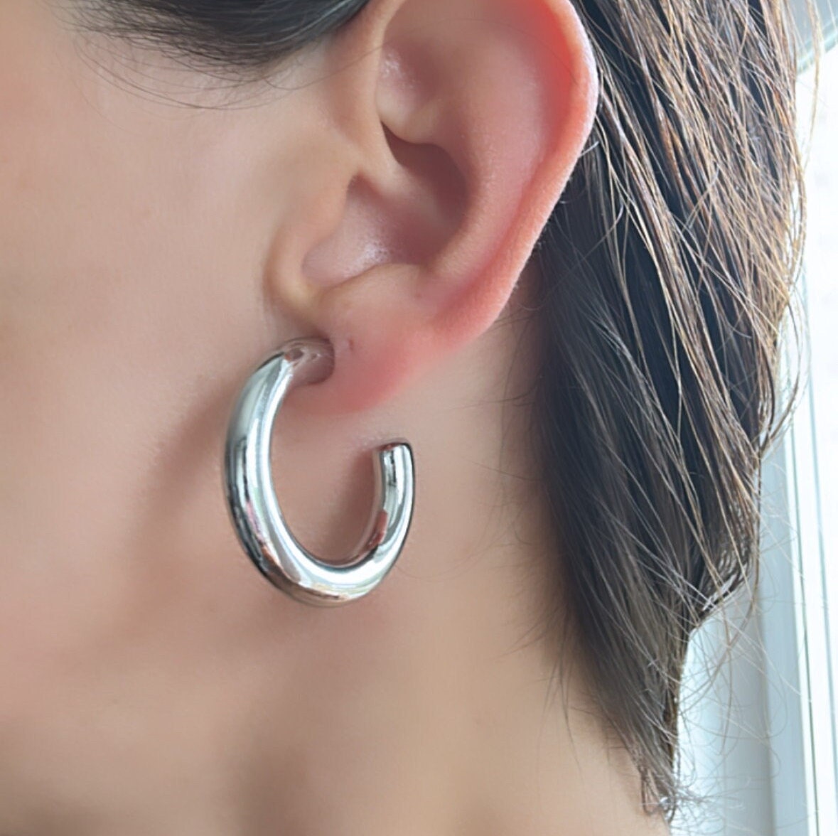 Silver Thick Hoop Earrings: Upcycled Brass, 2.5cm