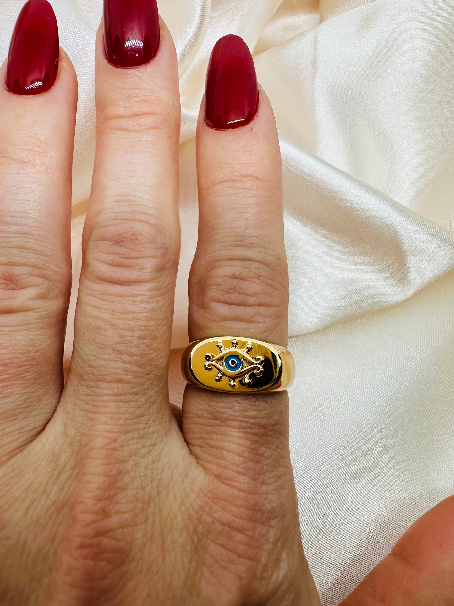 Gold Evil Eye Dome Ring - Adjustable Brass Ring