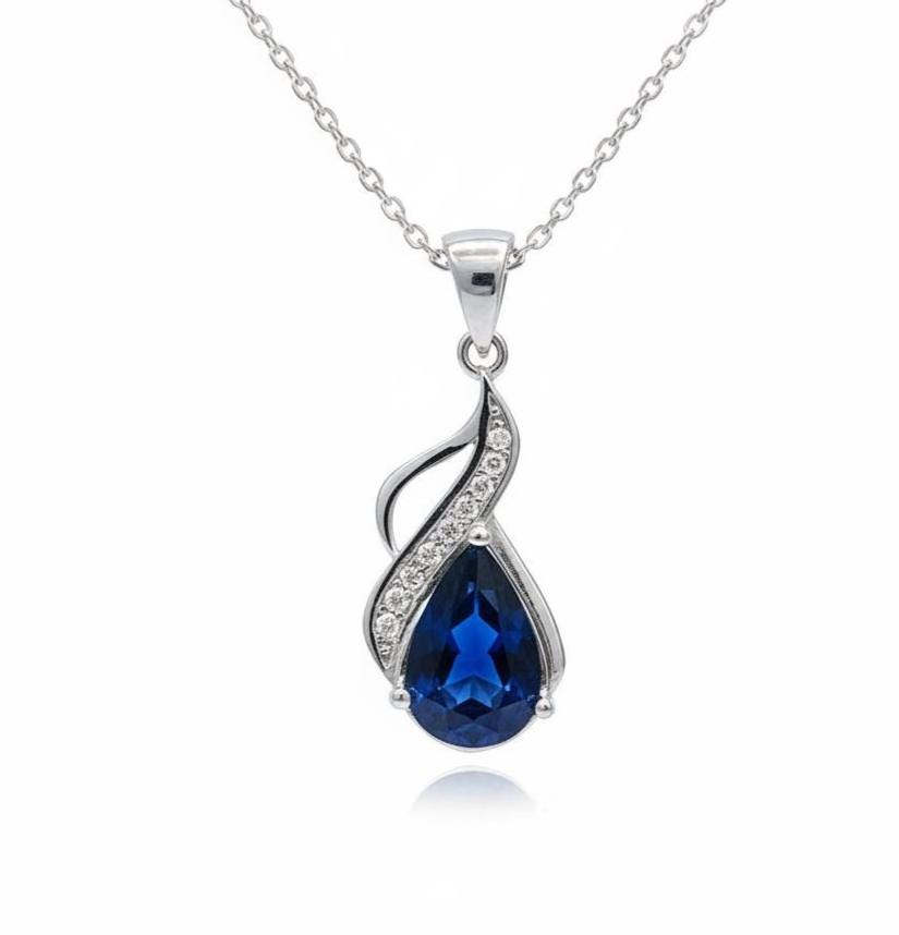 Royal Blue Sapphire Teardrop Pendant – Sterling Silver September Birthstone