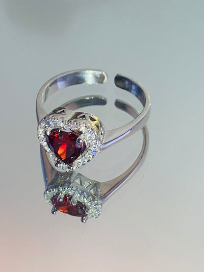 Sterling Silver Garnet Heart Ring - Handmade Adjustable Promise Ring for Christmas