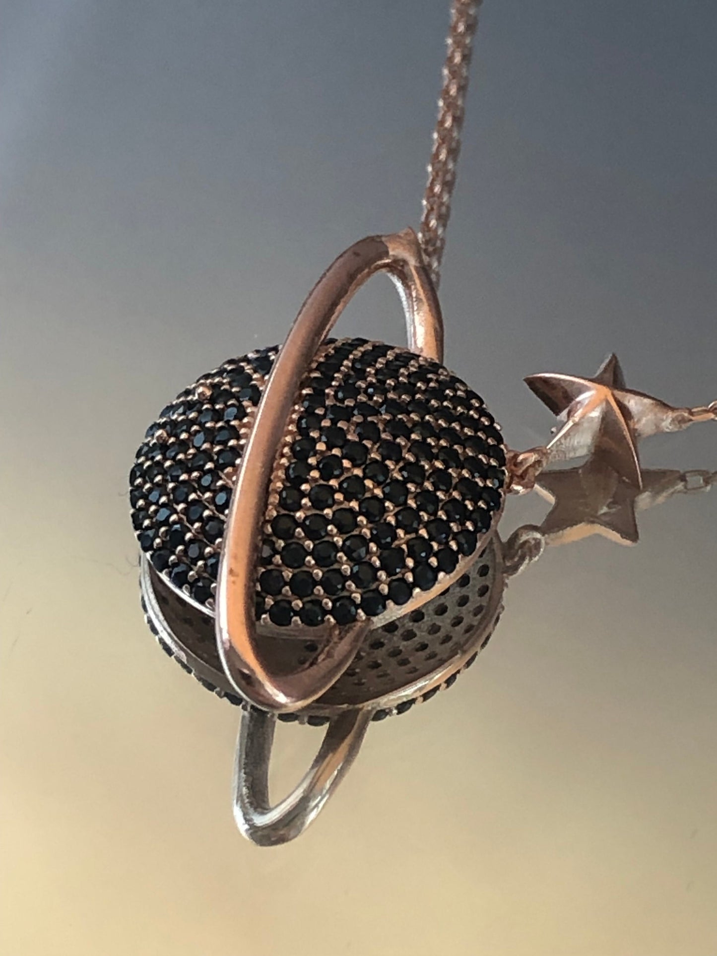 Black Zircon Saturn Necklace: Rose Gold Sterling Silver Galaxy Pendant