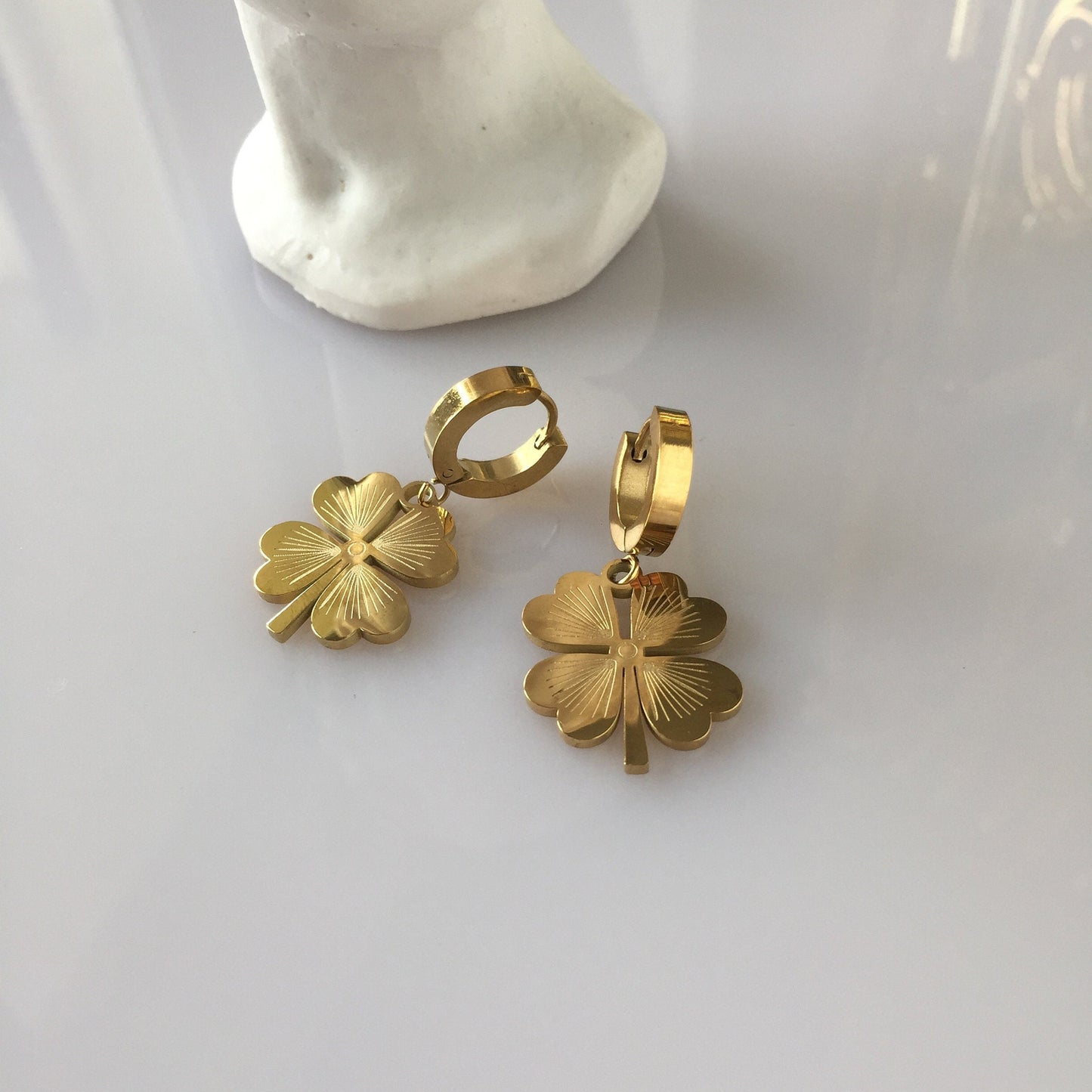Gold Clover Earrings: 18K Plated Stainless Steel, Lucky Charm