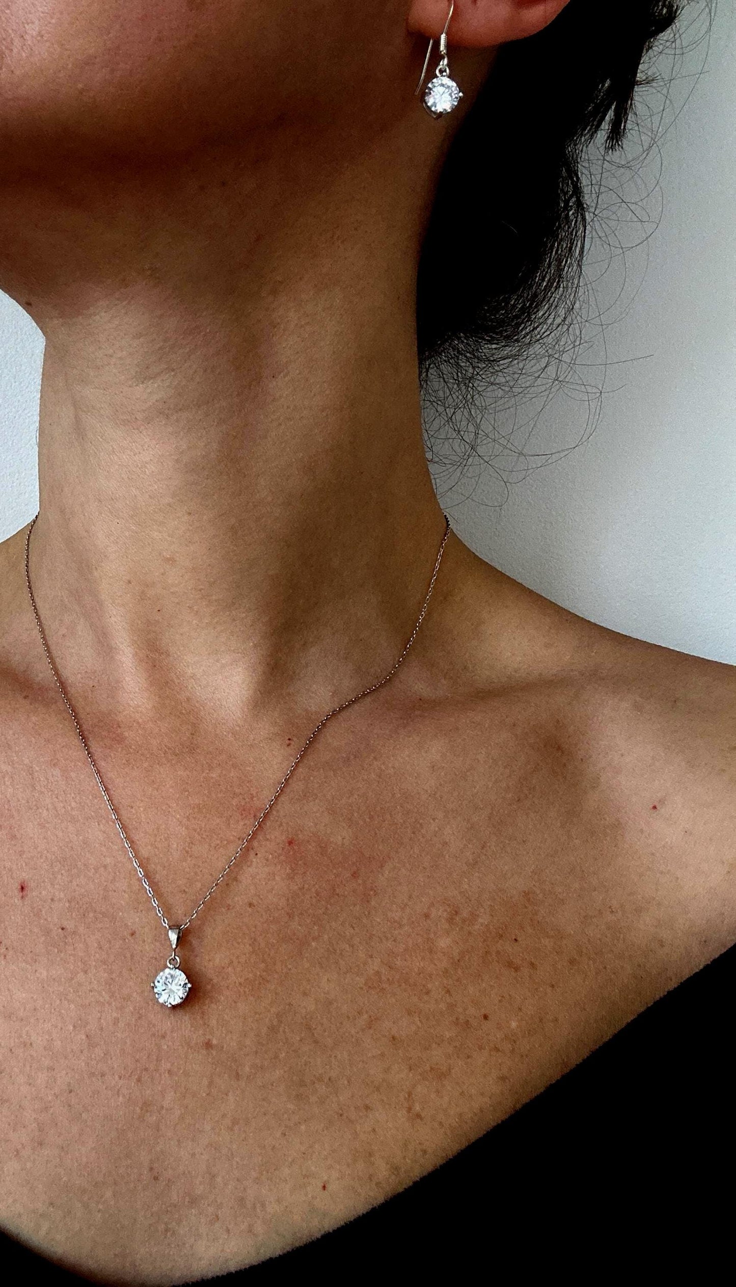 Cubic Zirconia Solitaire Necklace with Matching Sterling Silver Earrings Set