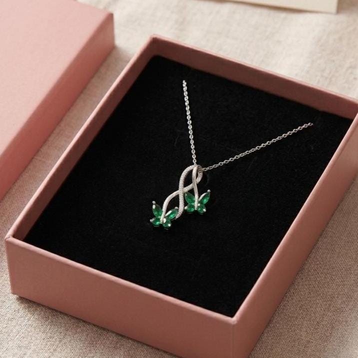 Dainty Emerald Butterfly Necklace in Sterling Silver – Infinity Pendant Necklace - - Gift for Her