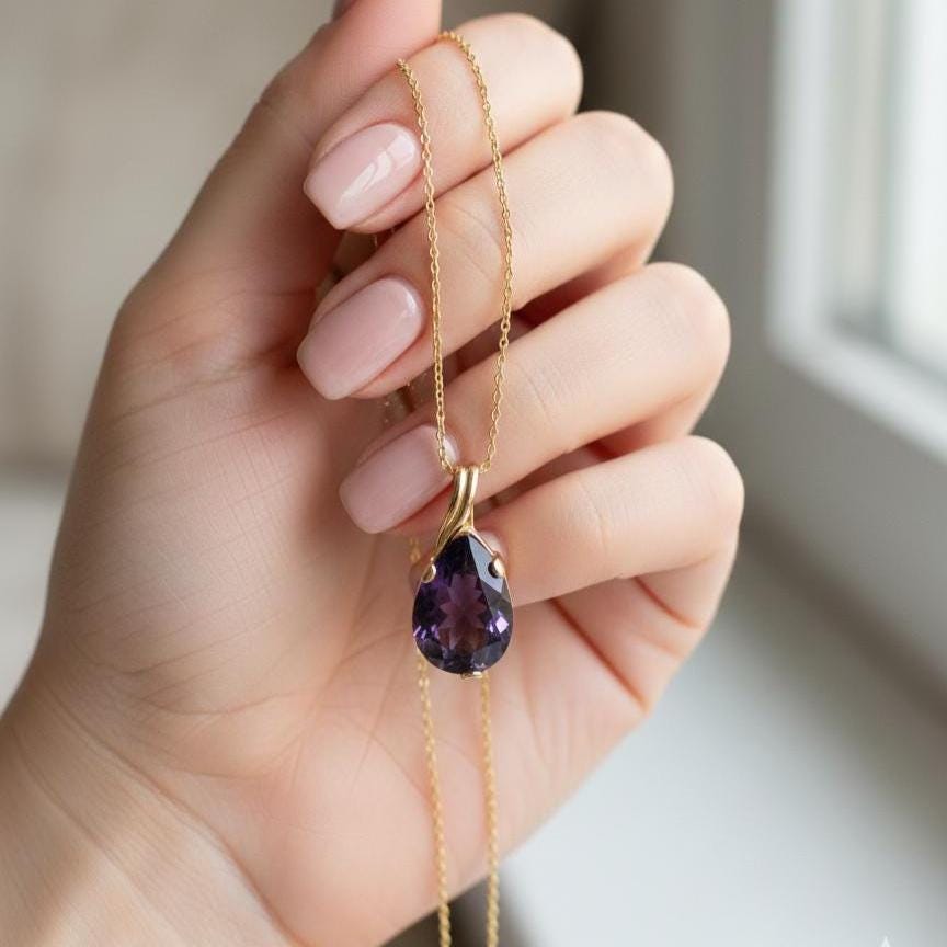Gold Vermeil Amethyst Teardrop Necklace - February Birthstone Pendant - Dainty Jewelry