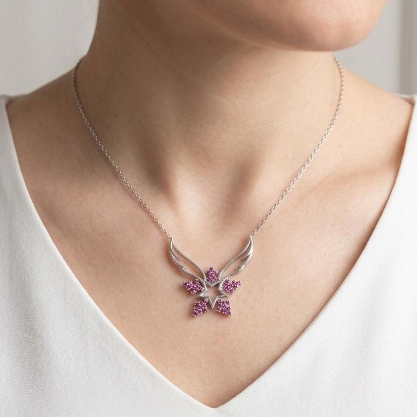 Sterling Silver Angel Wing Snowflake Necklace Featuring Pink Zircon Gem