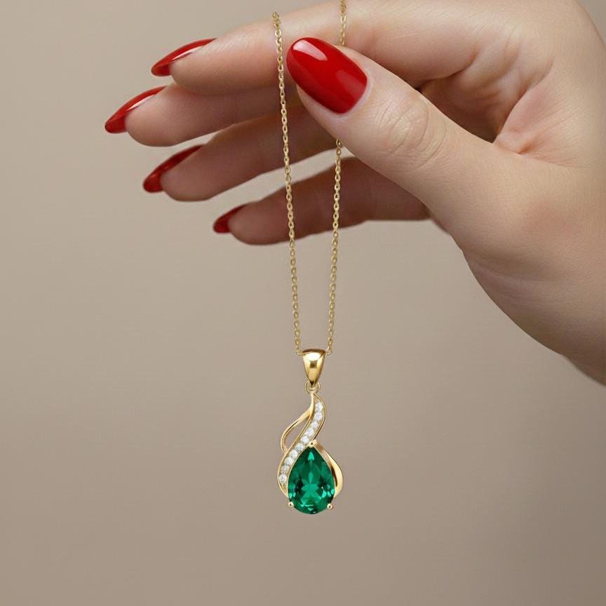 Emerald Teardrop Necklace – Gold Vermeil May Birthstone