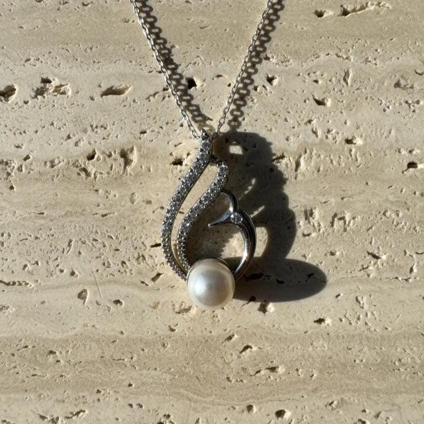 Swan Pearl Silver Necklace - June Birthstone Pendant Gift for Her